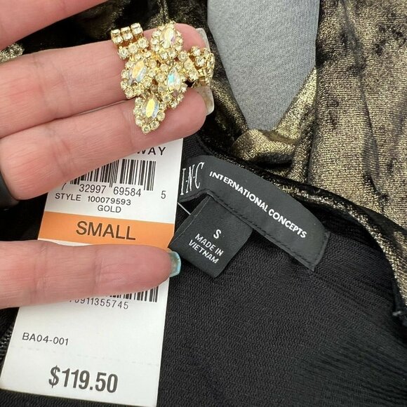 NWT Inc Gold Metallic Puff Sleeve Velvet Cocktail Party Midi Dress Small - Picture 13 of 15